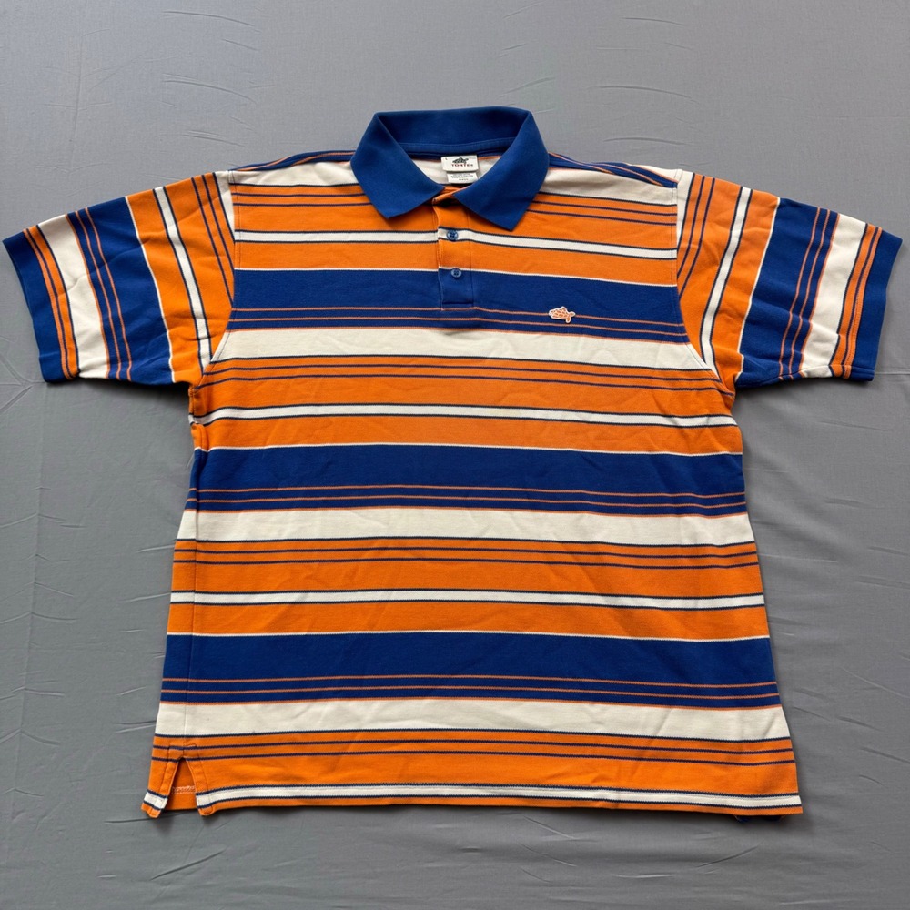 Torte Mens Large Orange Blue White Striped Cotton Pique Polo Shirt Turtle Logo‎